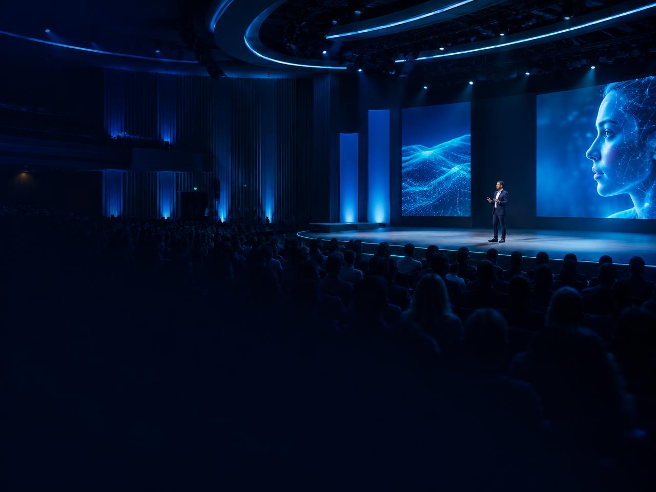 Technology conference stage with an audience